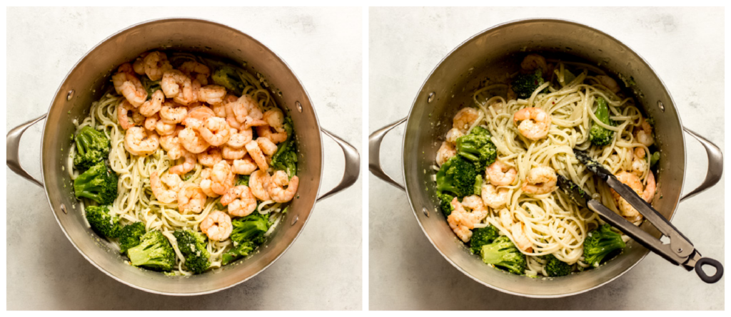 two photos showing pasta topped with shrimp in one, and tossed pasta with shrimp in second.