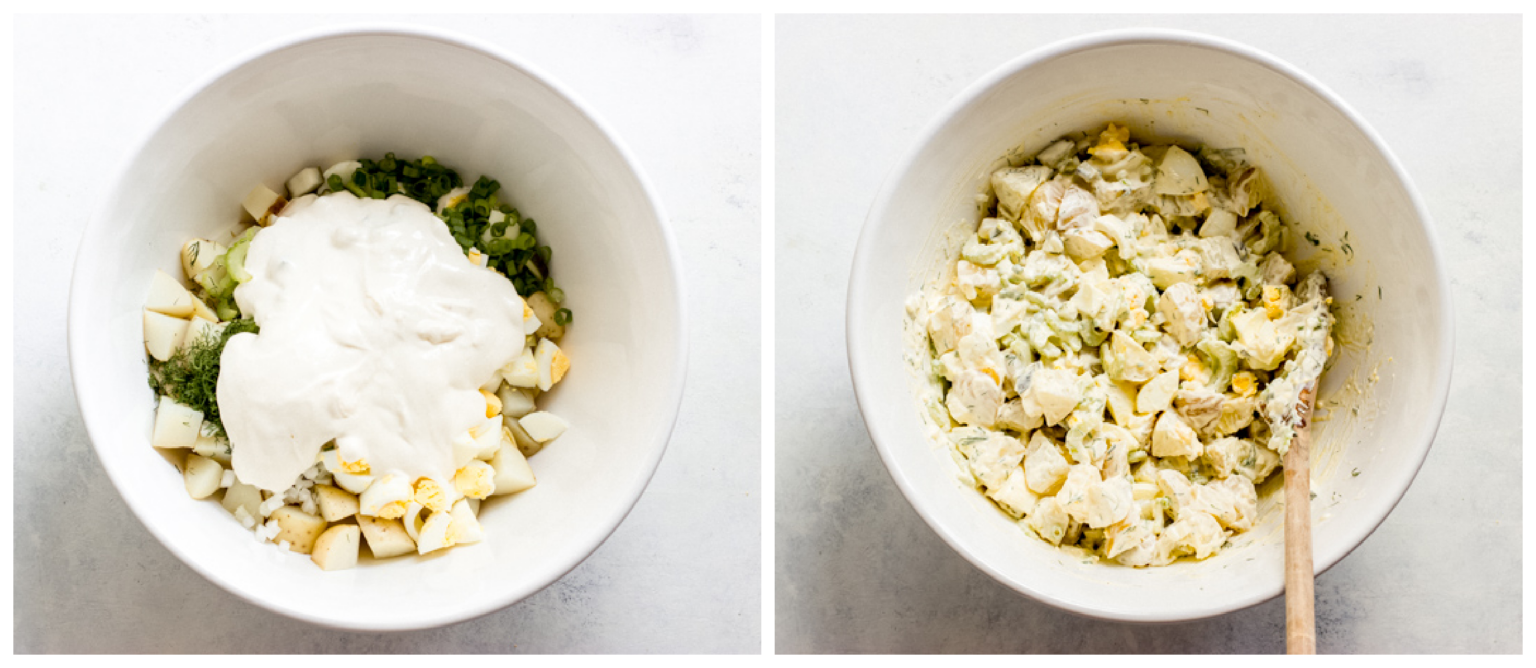 sour cream potato salad with dill in a bowl