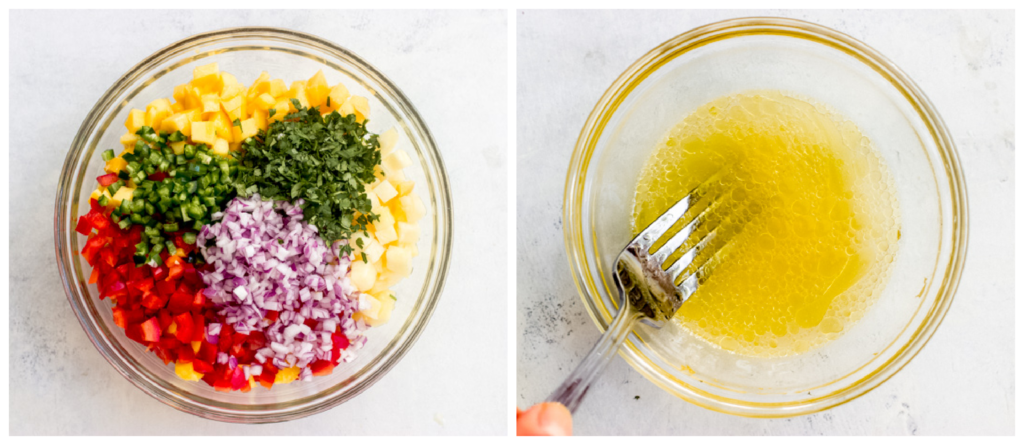 chopped pineapple and mango in a bowl