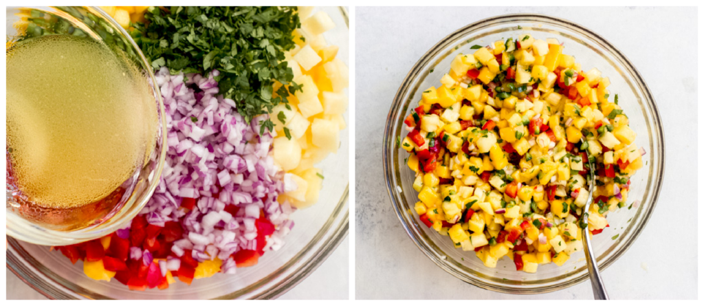 tossed pineapple mango salsa in a bowl