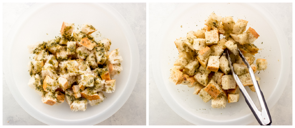 cubed sourdough bread in a bowl