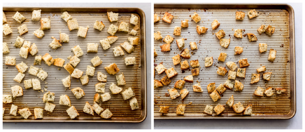 sourdough bread croutons on a baking sheet