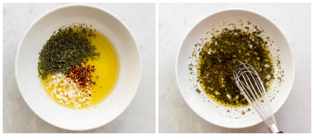 two bowl photos showing oil with dried herbs in one and, whisked oil with herbs in the second.