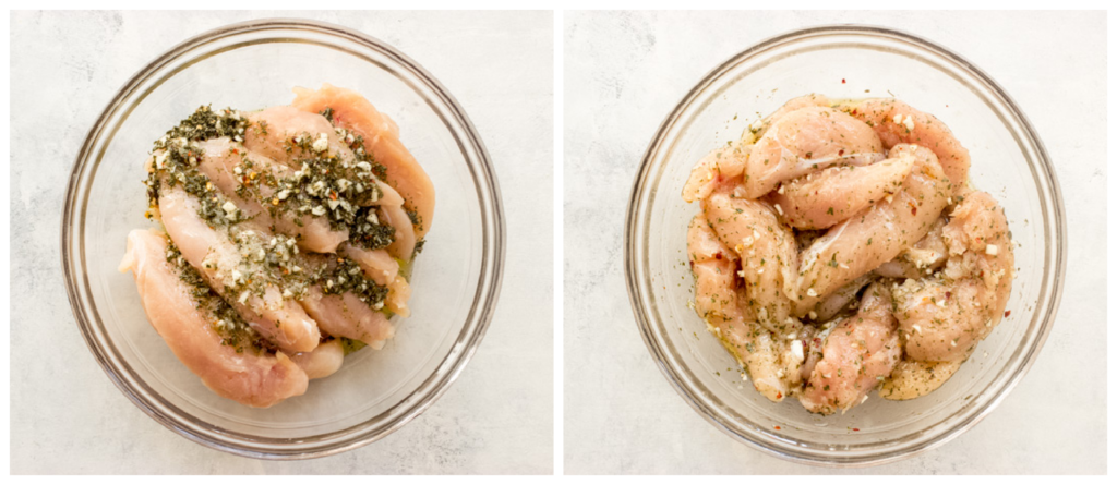 two photos, showing chicken with marinade in one, and chicken tenders tossed with marinade in the second. 