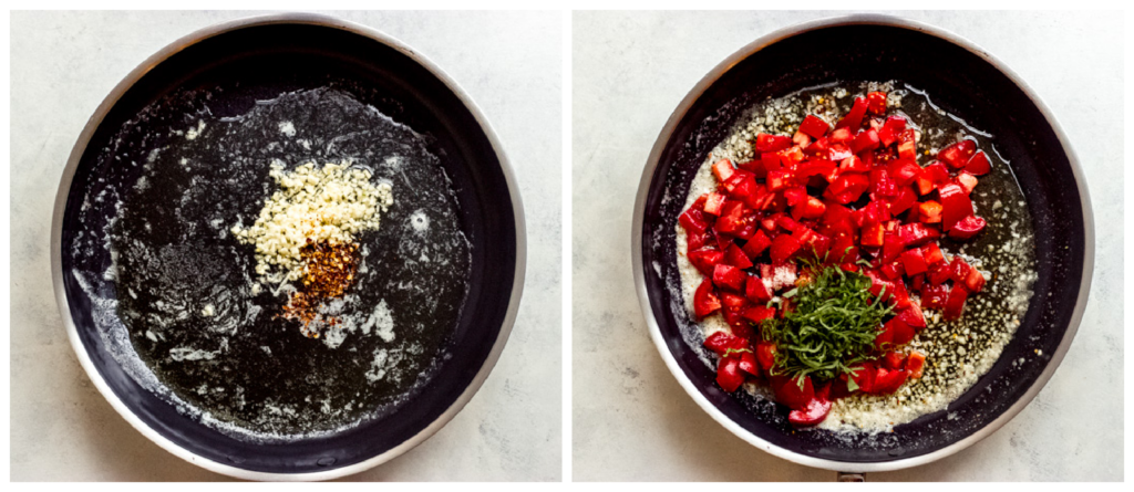 tomatoes in a skillet with garlic and spices