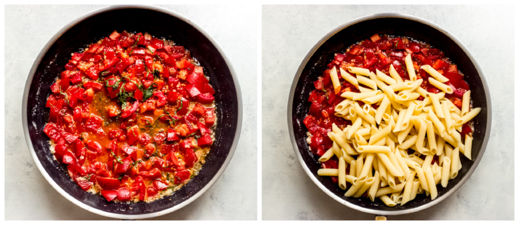 tomatoes with pasta in a skillet