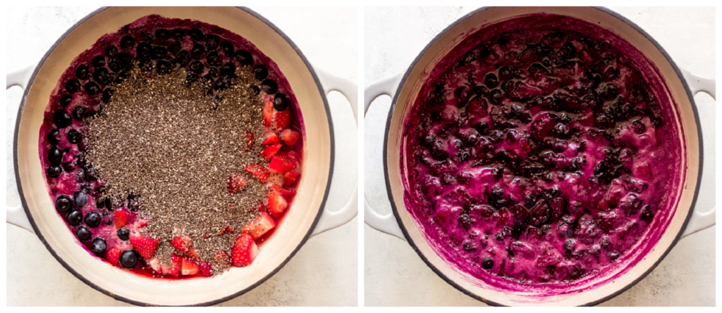 cooked berries with chia seeds in saucepan