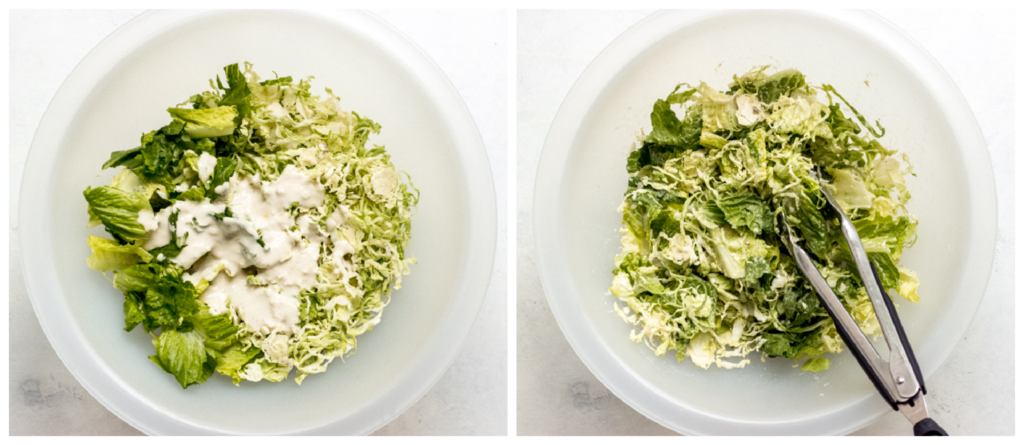 shredded brussels sprouts and romaine lettuce in a bowl