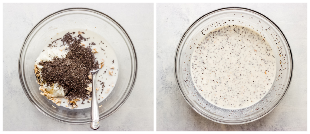 oats with milk and chia seeds in a bowl.