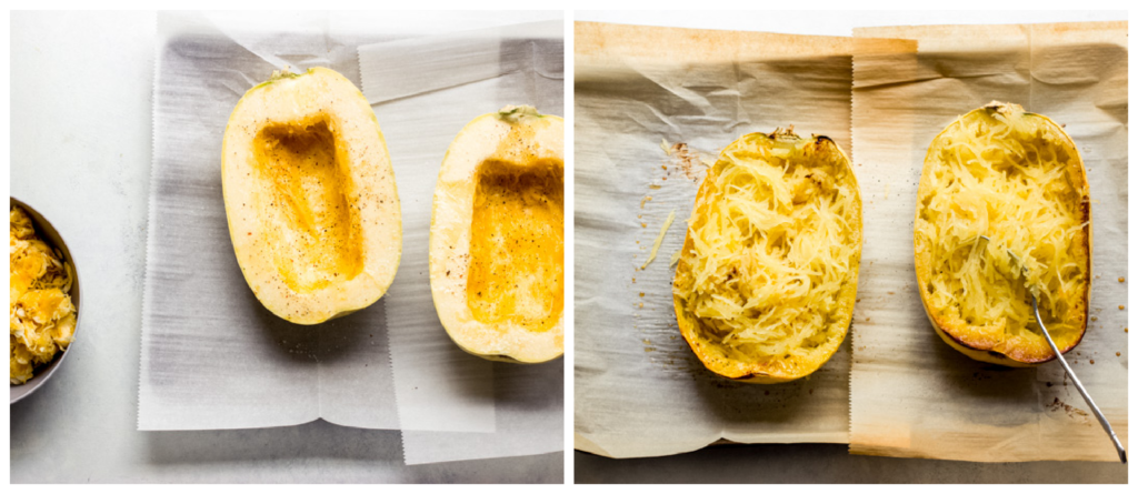 roasted spaghetti squash on a baking sheet