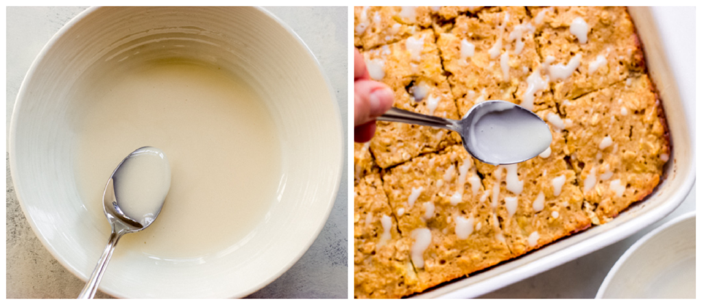 glazed oatmeal bars in a baking pan