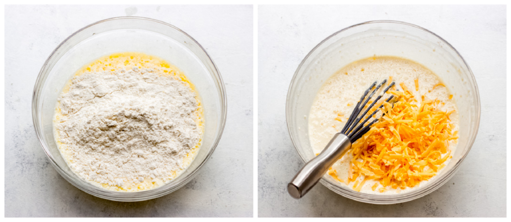 popover batter with cheese in a bowl