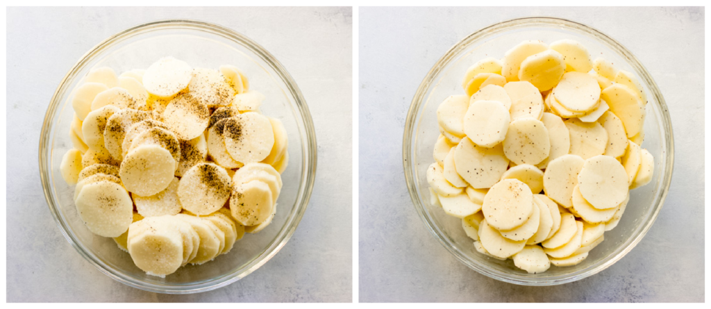 sliced potatoes in a baking dish