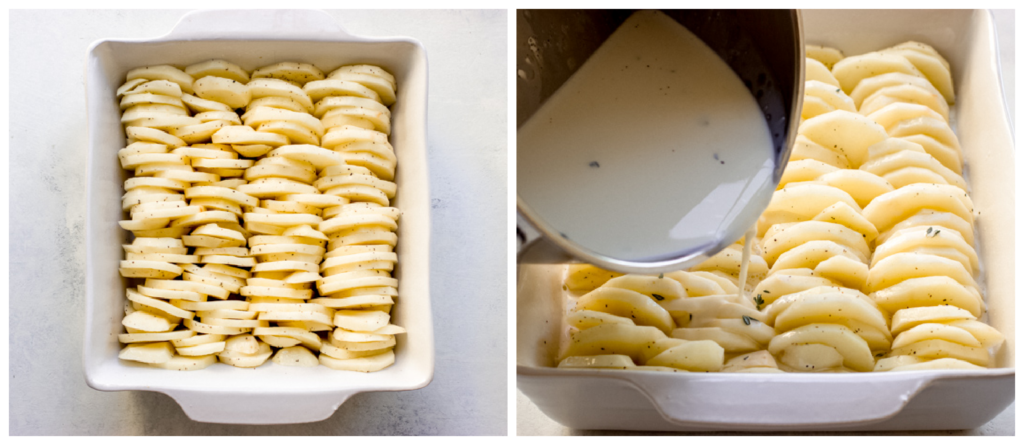 potatoes in a baking dish with cream