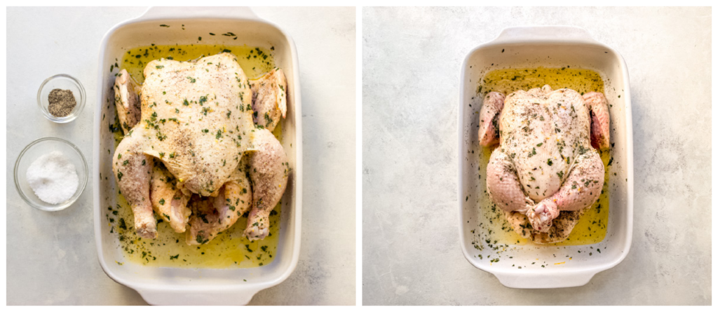 whole chicken in baking dish