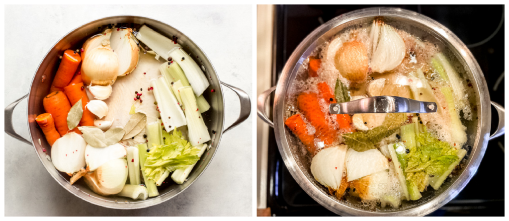 chicken stock in a soup pot