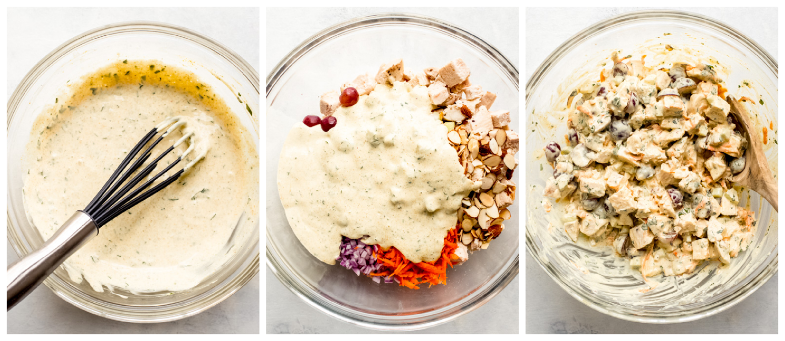 three photos showing dressing in one, salad with dressing in second, and salad mixed with dressing in the third.