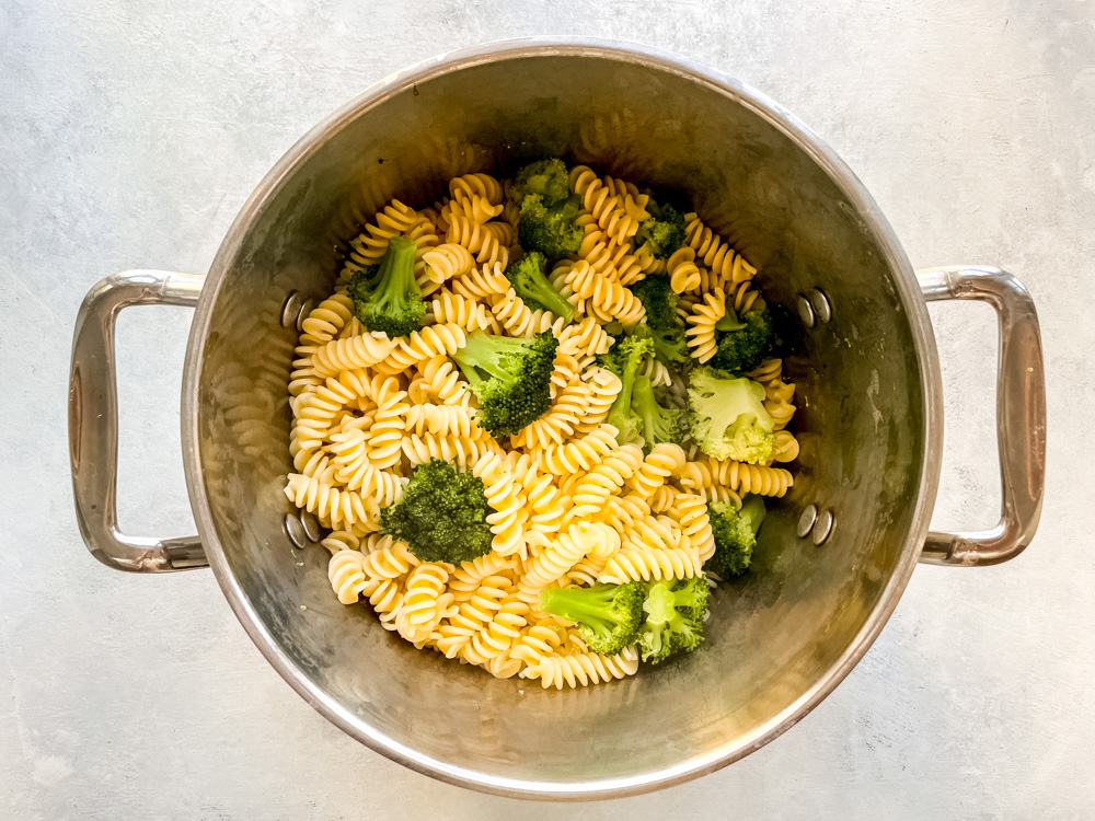 pasta and broccoli in a pot