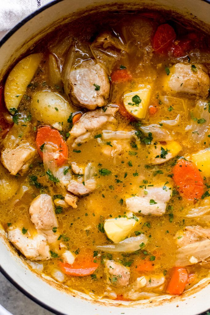close up of chicken stew in a soup pot.