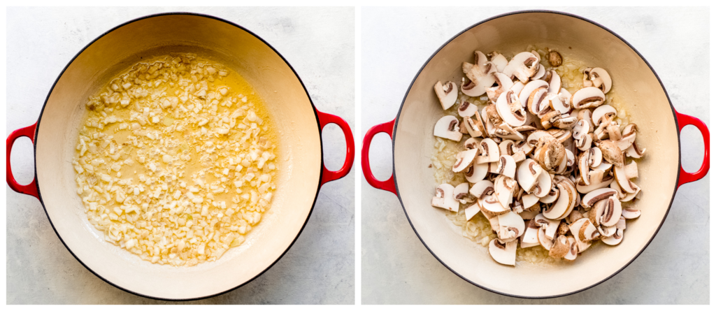 mushrooms and shallots in a pan