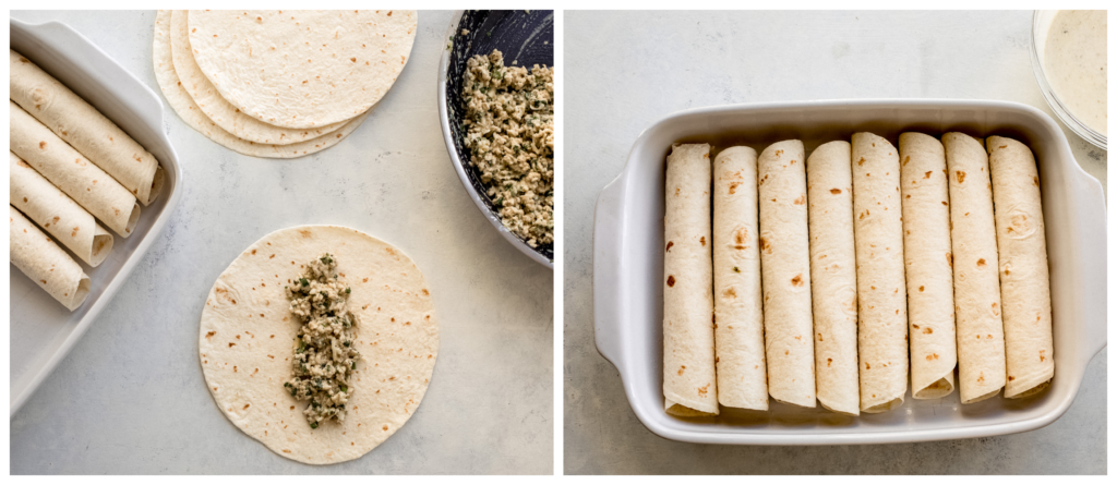 rolled up enchiladas in a baking dish