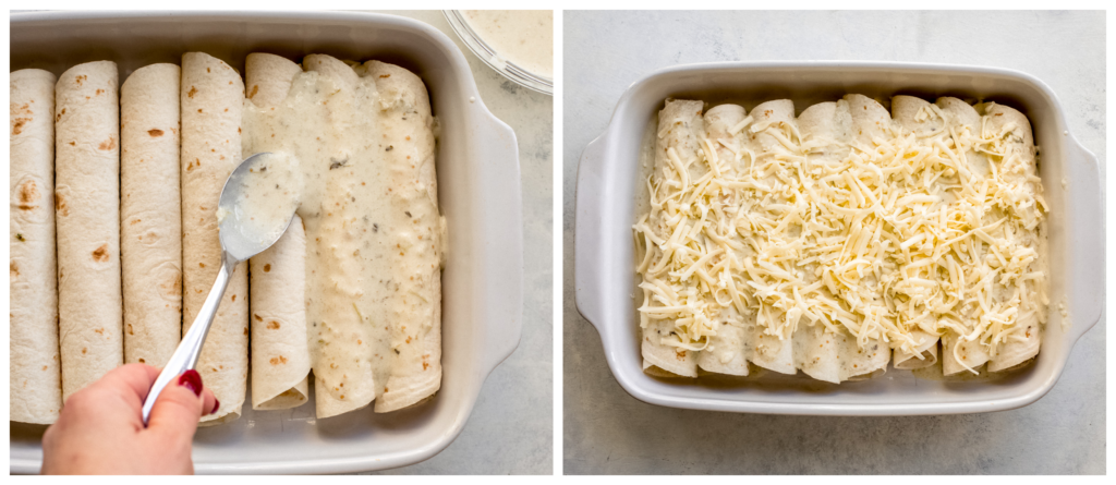 chicken enchiladas with cheese in a baking dish