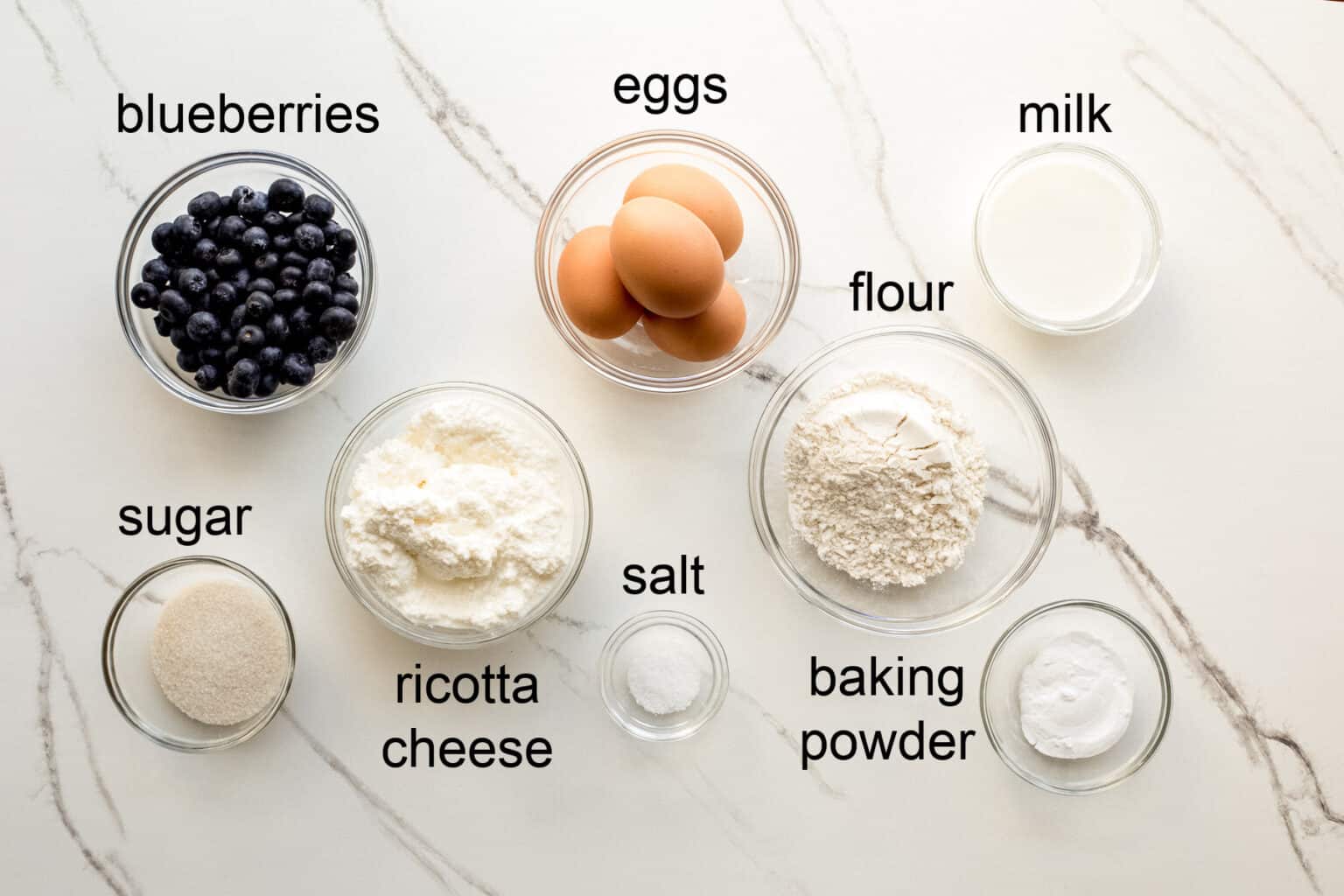 ingredients for blueberry ricotta pancakes.