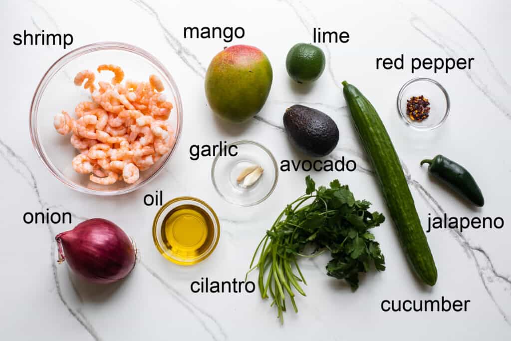 ingredients for shrimp mango avocado salad