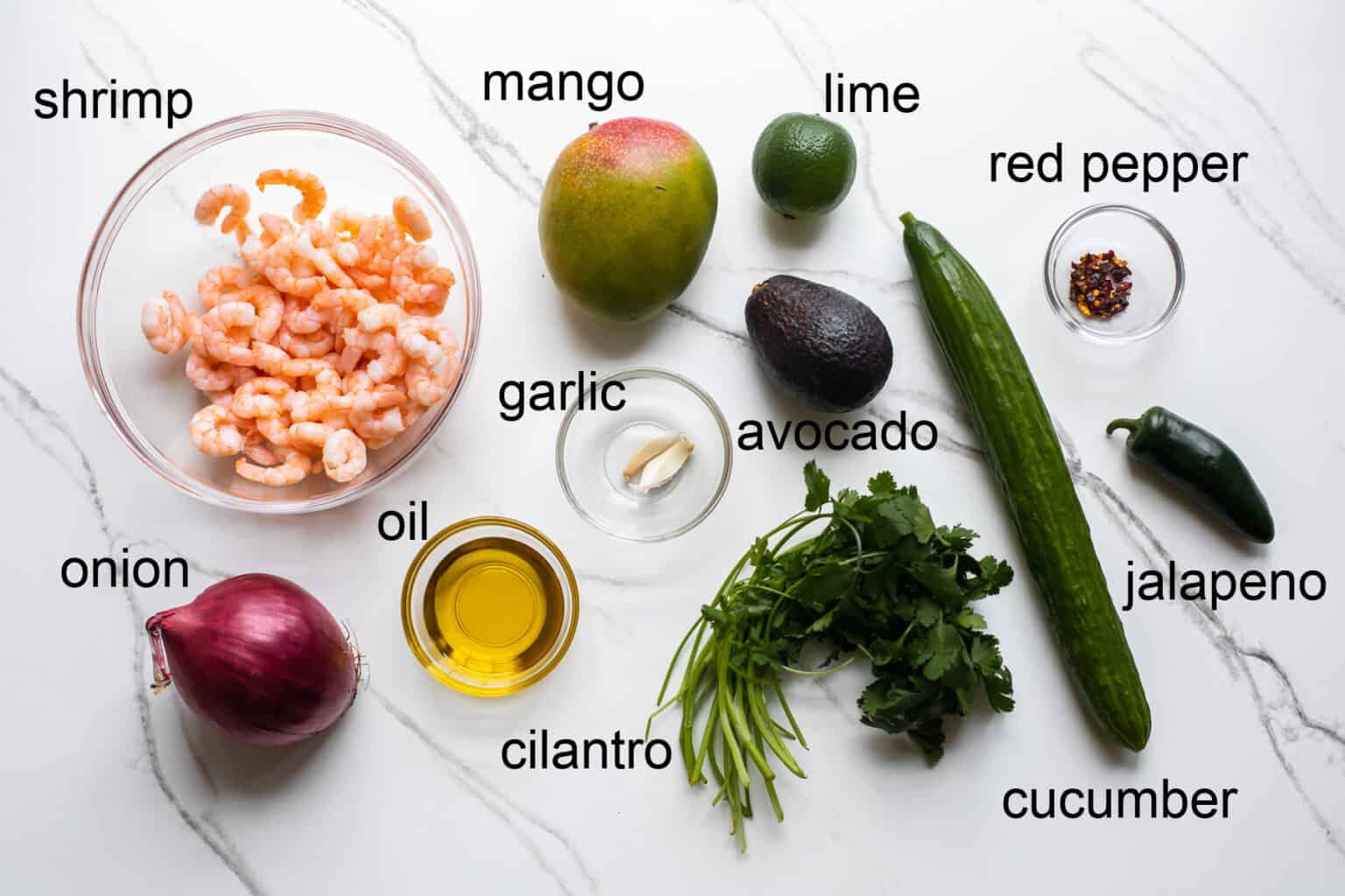 ingredients for shrimp mango avocado salad
