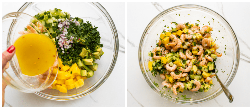 shrimp and mango salad with dressing in a bowl