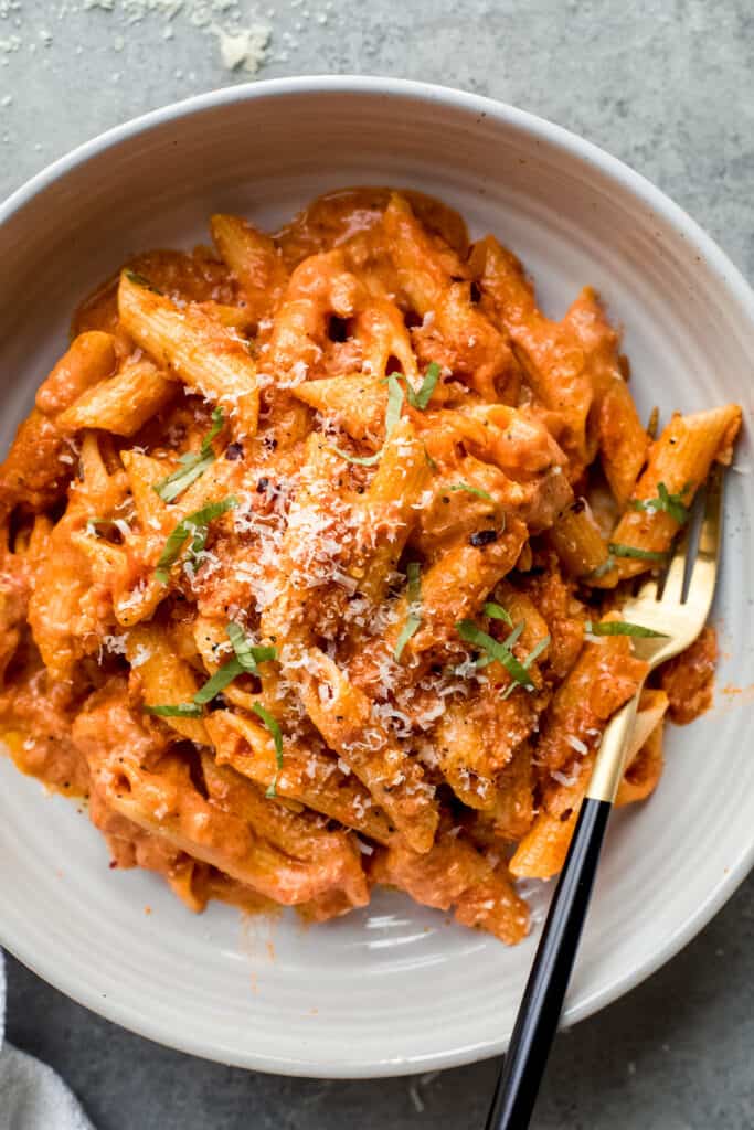 close up penne with vodka sauce