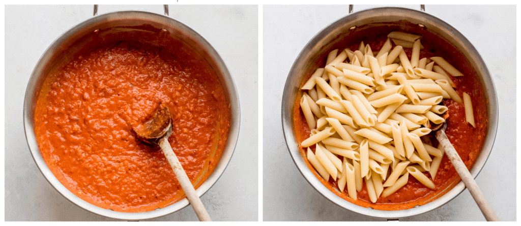 alla penne vodka sauce in pan