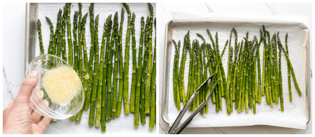 roasted asparagus on a baking sheet