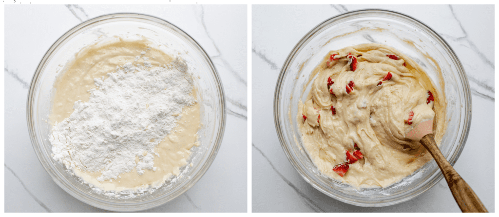 strawberry cake batter in a bowl