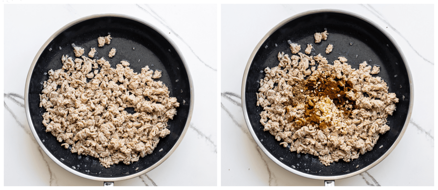 ground chicken with spices in skillet