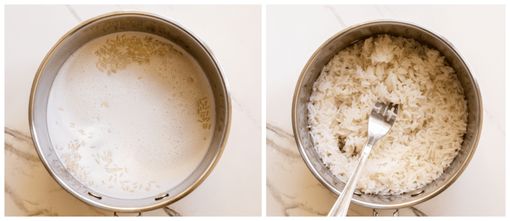 jasmine rice with coconut milk in saucepan