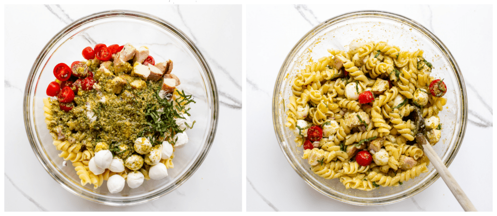 chicken pasta salad with pesto in a bowl