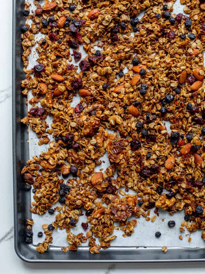 crunchy granola recipe on a baking sheet