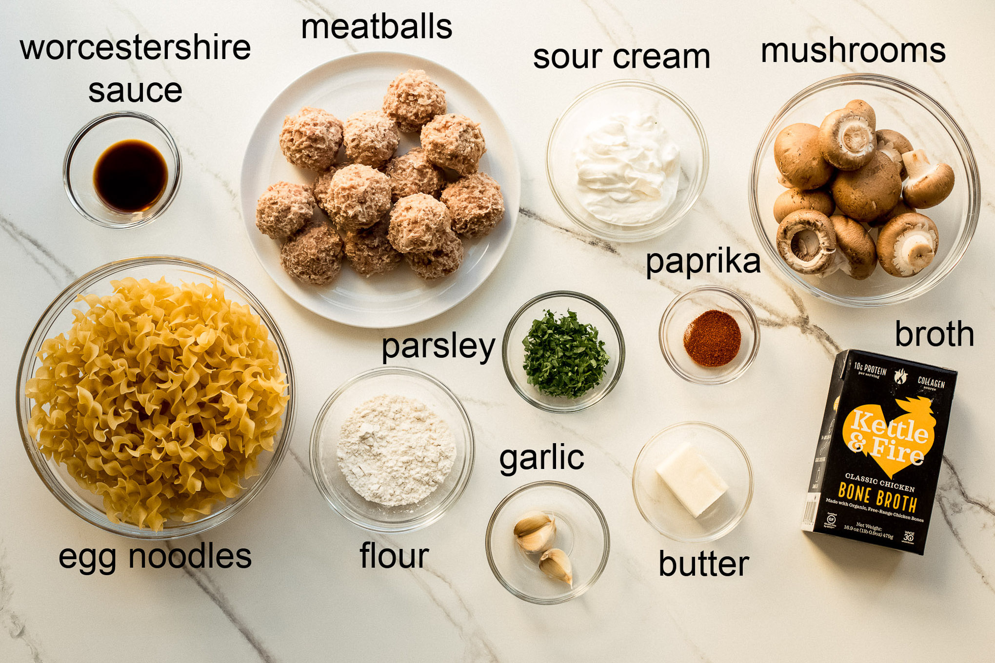 ingredients for meatball stroganoff with chicken meatballs.