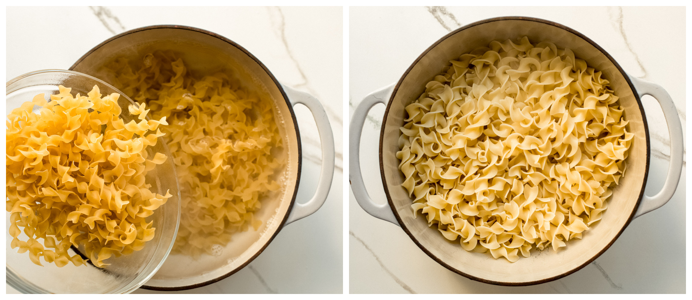 cooked egg noodles in a pot