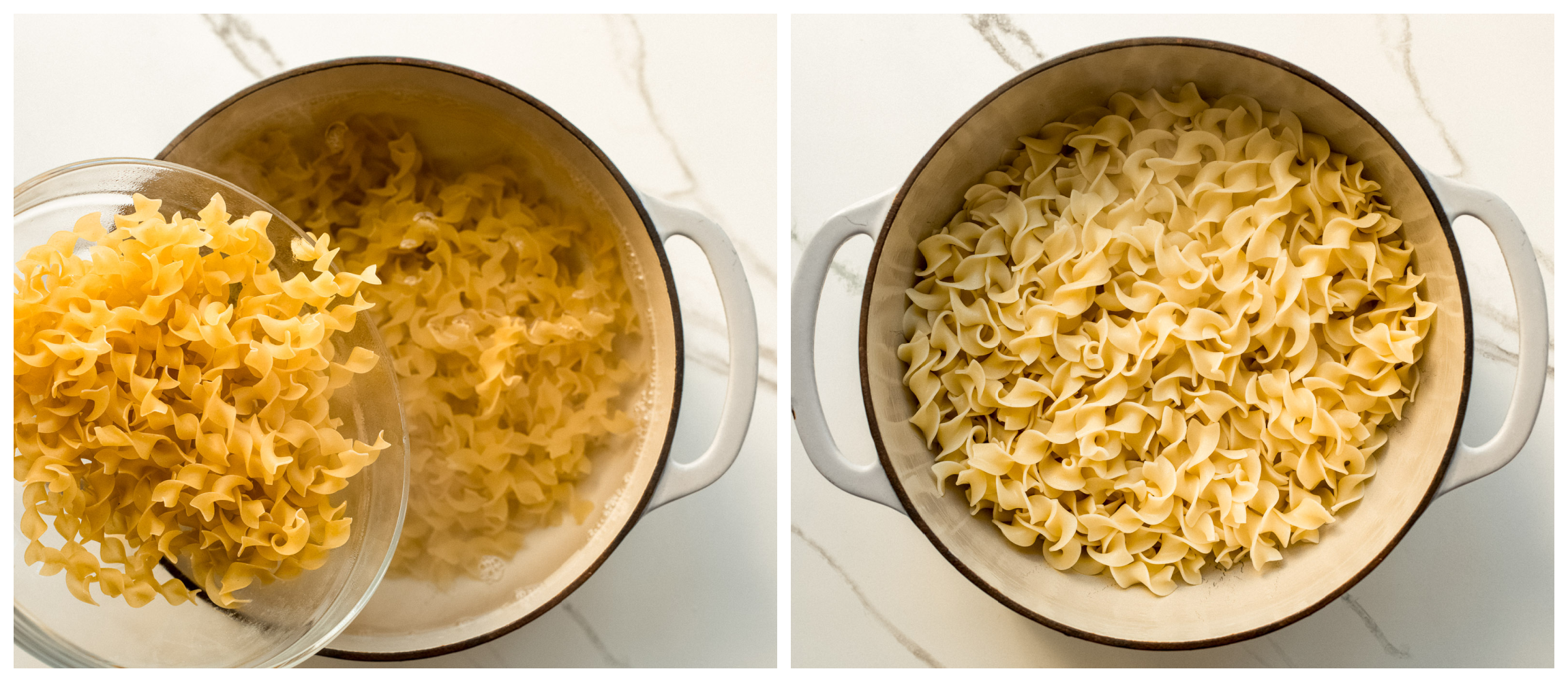 cooked egg noodles in a pot.