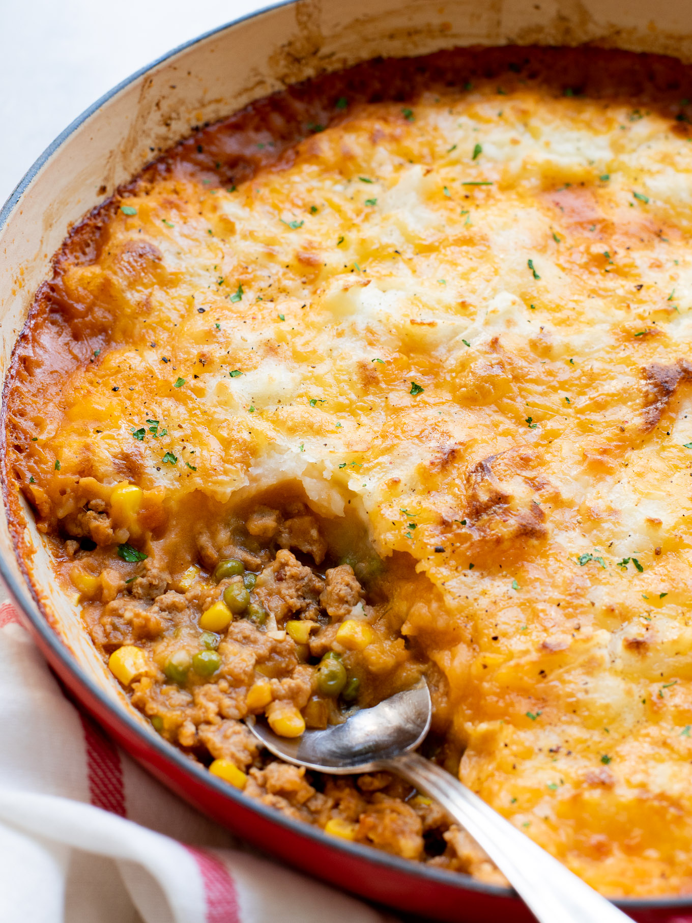 turkey shepherds pie in a pan.