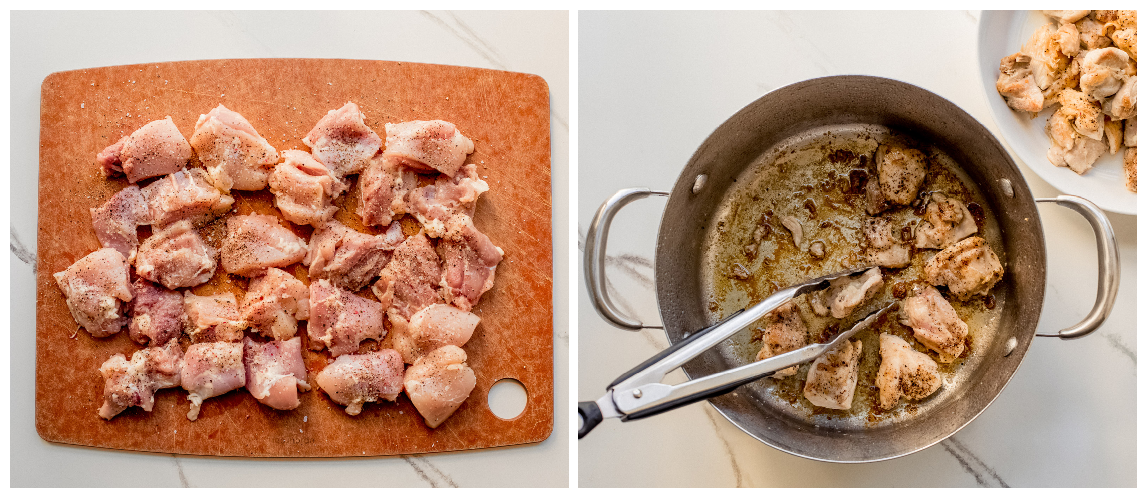 browned chicken thighs in a pot