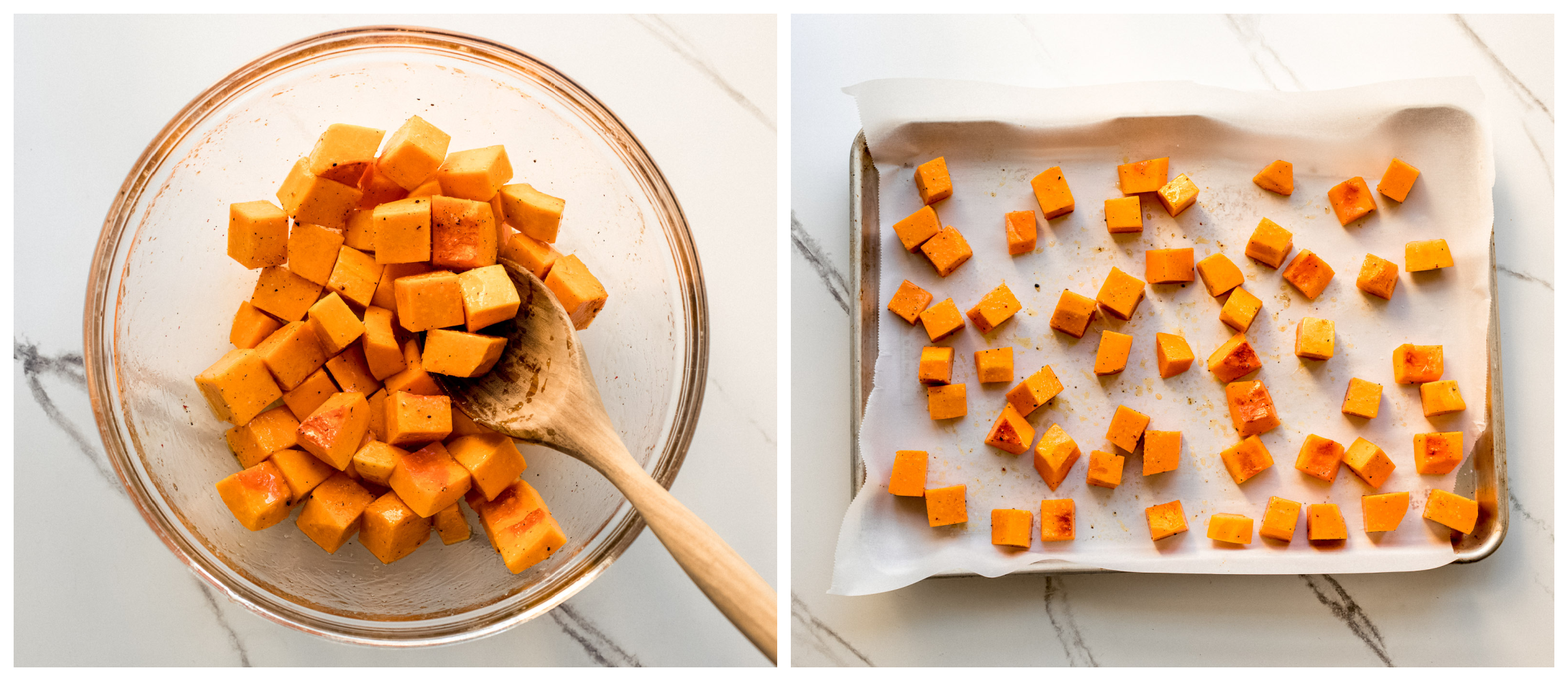 roasted butternut squash in pan