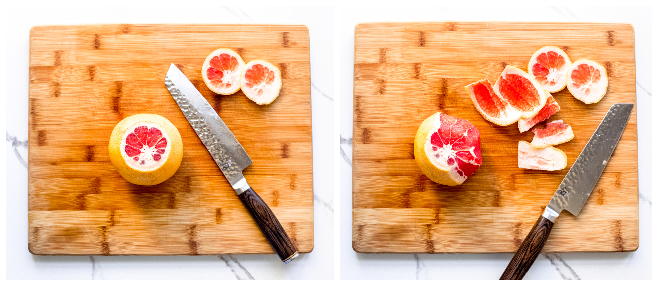 peeled grapefruit on cutting board