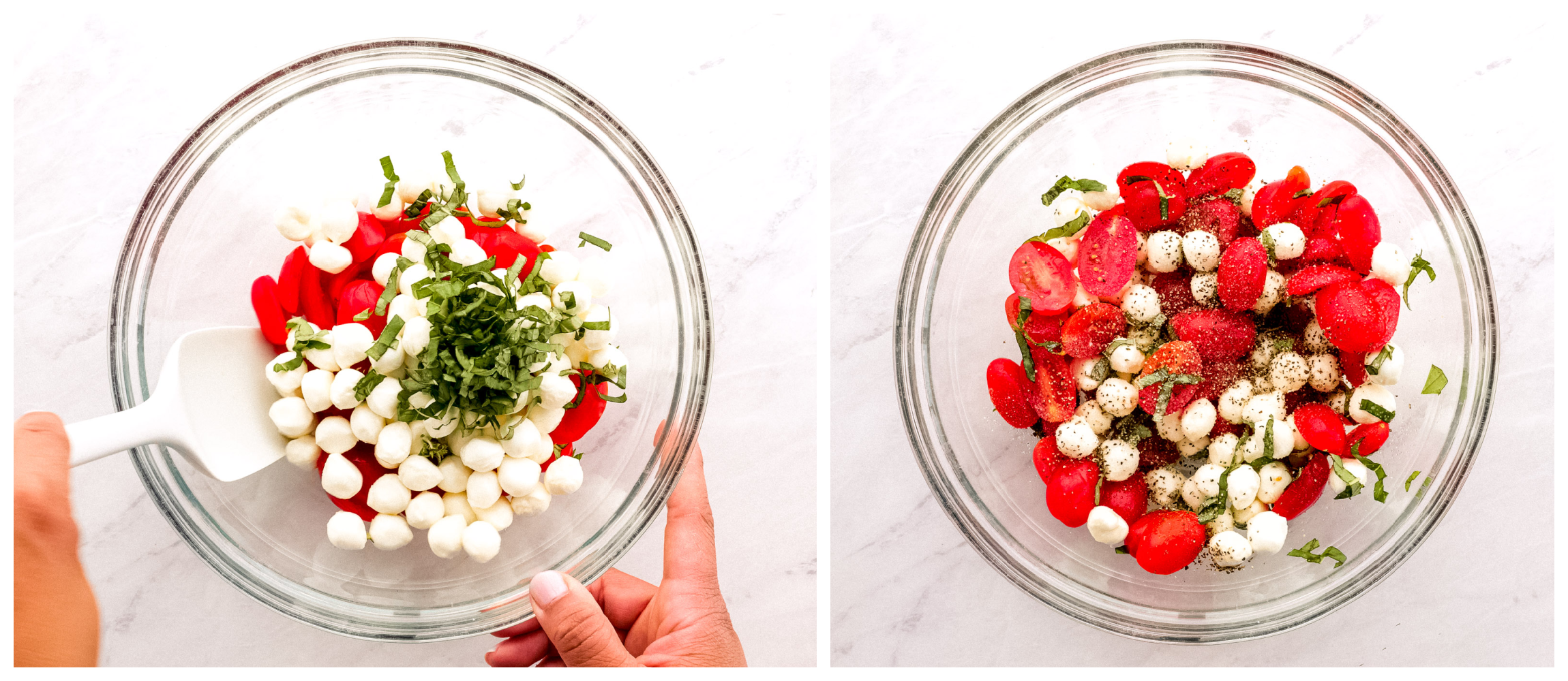 tomatoes, mozzarella, and basil in a bowl