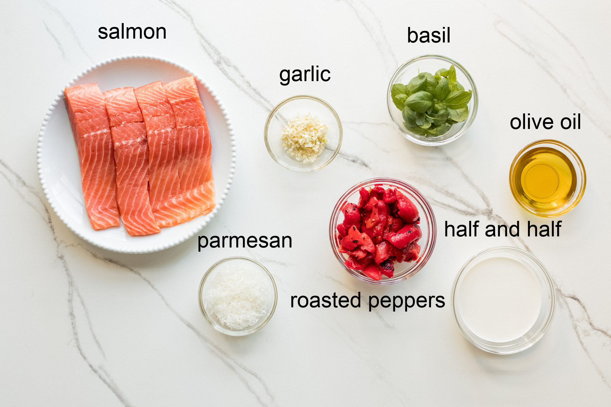 ingredients for roasted salmon with red pepper sauce