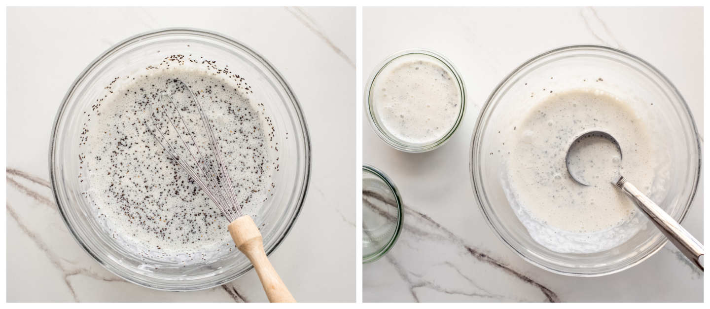 chia pudding in a bowl with milk and yogurt