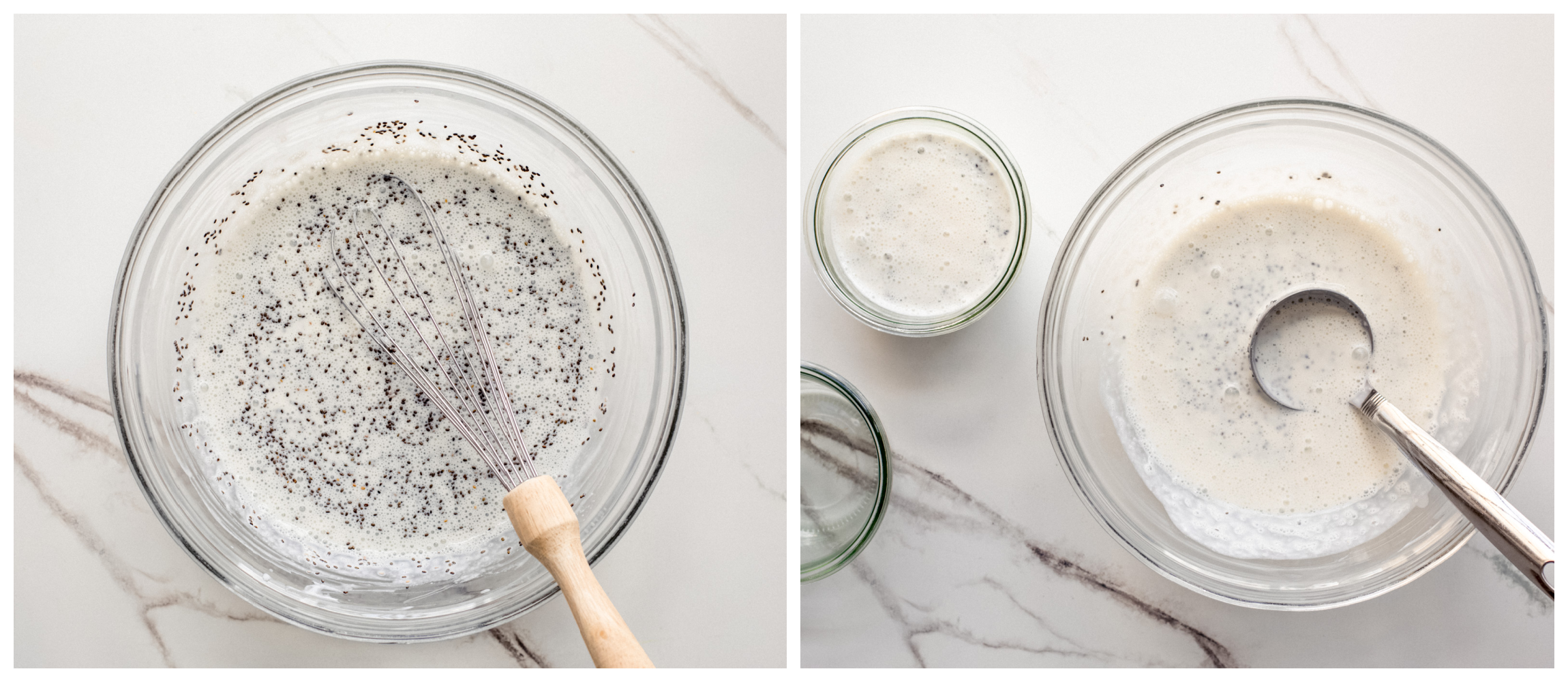 chia pudding in a bowl with milk and yogurt