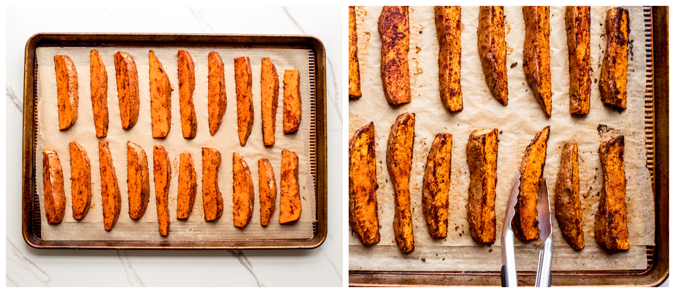 sweet potato wedges on a baking sheet